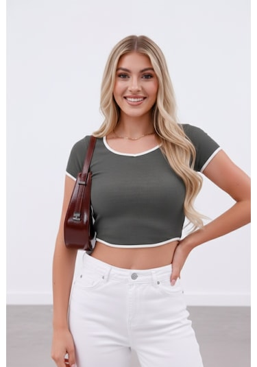Zedefx Kadın Biyeli Yaka Detaylı T-shirt Gri