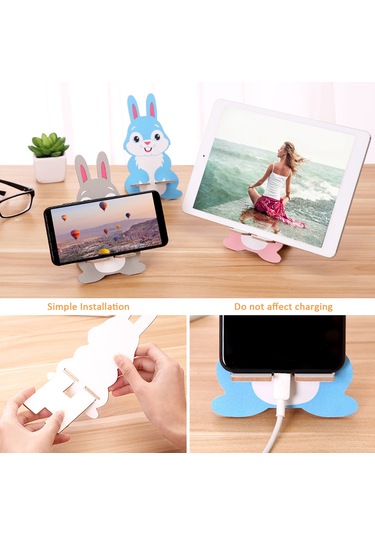 Tenfowee Sevimli Tavşan Desenli Ahşap Telefon Ve Tablet Standı - Mavi
