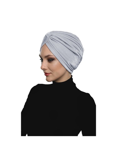 Simli Pike Çapraz Bantlı Astarlı Açık Gri Hazır Türban Tesettür Bone Abiye Açık Gri