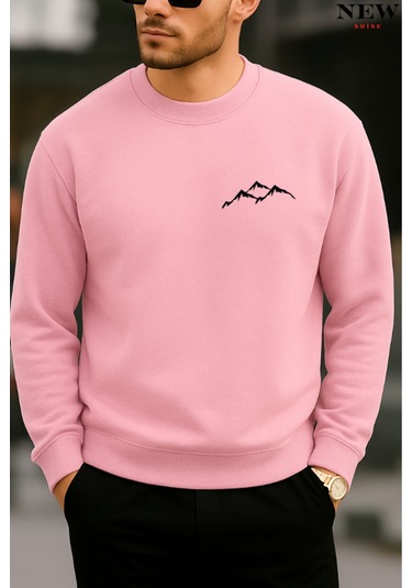 Dağ Baskılı Bisiklet Yaka Sweatshirt Pembe