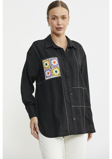 Renkli Dantel Detaylı Tunik Gömlek - Siyah Siyah