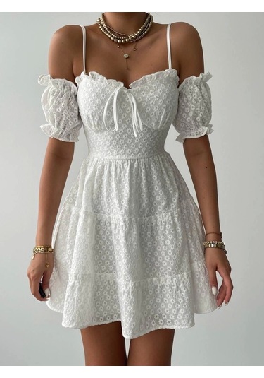 Lucca Kolu Lastikli Mini Elbise Beyaz