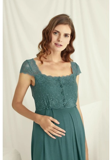 Monamise 18536 Hamile Lohusa Kalın Askılı Dantelli Gecelik-yeşil