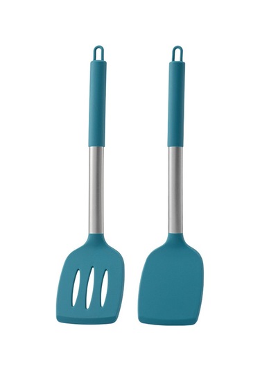 Hombey 430 Çelik Silikon Kuchen Gereçleri Seti: 2'li Fritöz Ve Karıştırma Kaşığı, Isı Dayanıklı, Ergonomik Boş Saplı, Kolay Temizlenir Mavi