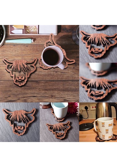 Hayvan Tasarımlı Ahşap Bardak Altlıkları,ahşap Highland İnek Bardak Altlıkları Kahverengi