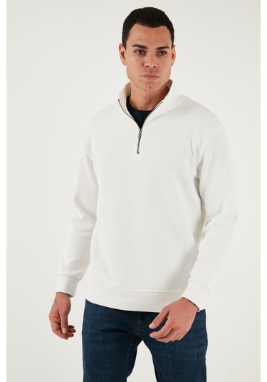 Buratti Pamuklu Regular Fit Yarım Fermuarlı Dik Yaka Erkek Sweat 5905716 Ekru