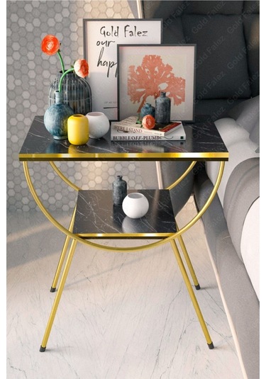 Yan Sehpa Komodin Metal Ayak Çift Gold Bendir 1976 Siyah Mermer Desen