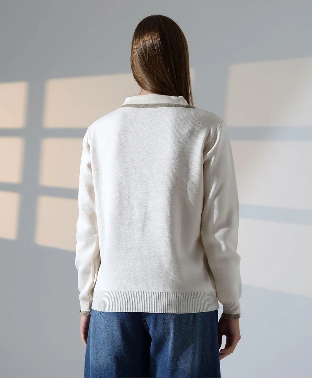 Baklava Desen Polo Yaka Kadın Kazak Taş