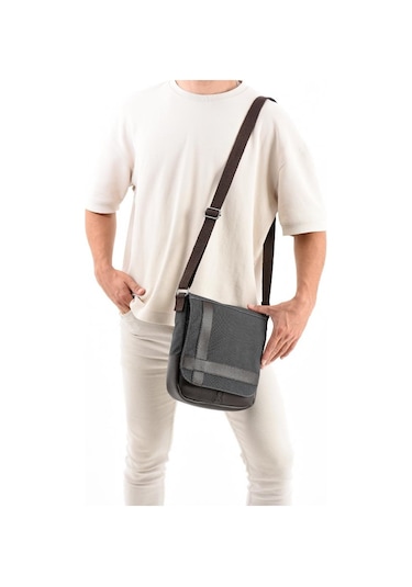 Kanvas Kumaş Tablet Çantası Erkek Postacı Çanta 27 23 Cm Çapraz Askılı Omuz Çantası Antrasit