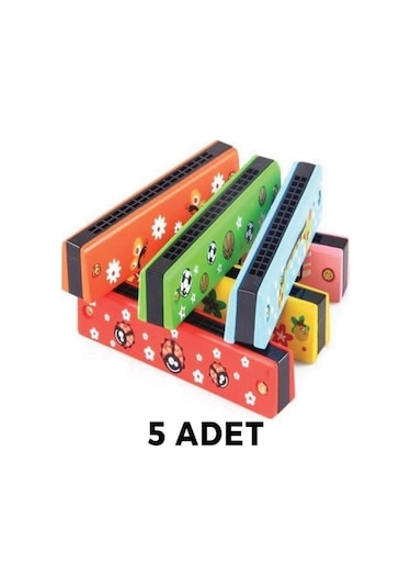 Ahşap Mızıka Renkli Desenli Çocuk Mızıka Renkli Mızıka 16 Delikli Çift Sıralı Mızıka 5 Adet