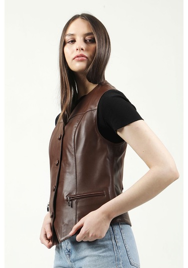 Dericlub Vittoria Kadın Düğmeli Slim Fit Hakiki Deri Yelek Fındık Fındık