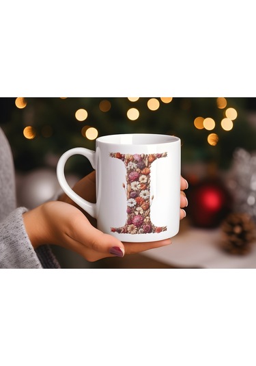 I Harfi Çiçek Desenli Kupa Bardak - Alfabe Harfleri İle Doğal Çiçekli Kupa - Hediye Fikir Beyaz