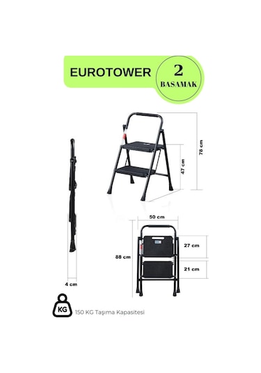 Eurotower 2 Basamak Özel Tasarım Geniş Basamaklı Siyah Merdiven 3+1