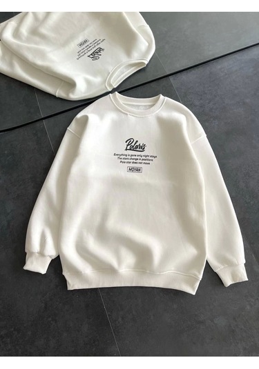 Kışlık Bisiklet Yaka Ön Ve Arka Baskılı Sweatshirt - Beyaz Beyaz