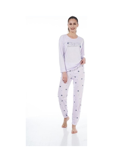 Estiva Desenli Uzun Kol Viskon Bayan Pijama Takım Lila