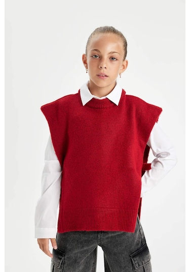 DeFacto Kız Çocuk Kırmızı Bisiklet Yaka Basic Düz Triko Süveter C9660A824WNRD63 Kırmızı