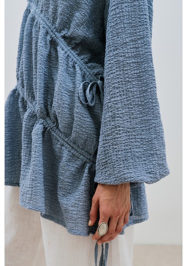 Büzgü Bağlamalı Dokulu Tunik Mavi Mavi