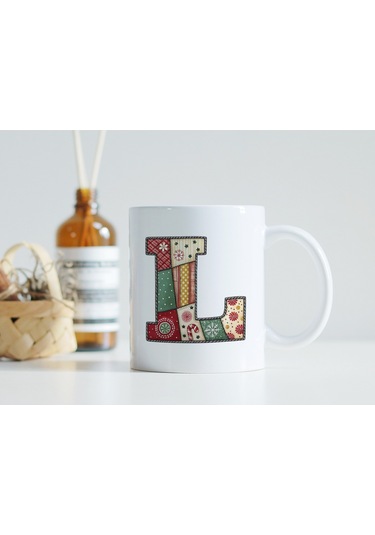 L Harfi Yılbaşı Temalı Kupa Bardak - Yeni Yıl Konsept Yamalı Efekt Tasarım - Noel Hediye Beyaz