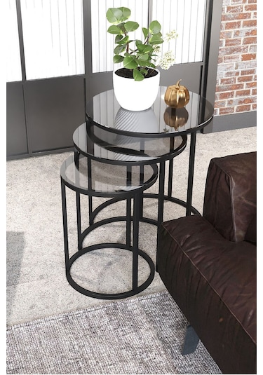 Dekoport Milas C Zigon Sehpa Temperli Füme Cam Siyah