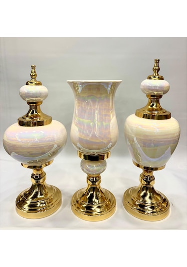 3'lü Dekoratif Prestij Dekoratif Vazo Set - Sarı Sarı