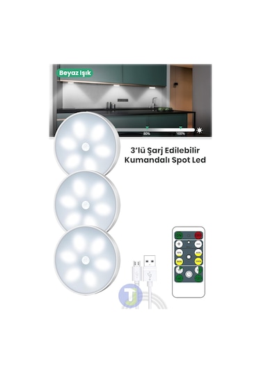 Technojet 3adet Akıllı Hareket Sensörlü Kumandalı Usb Şarj Kablosuz Spot Led Beyaz Işık Gece Lambası