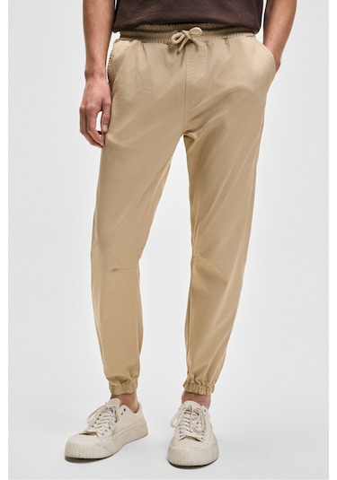 Jakob Erkek Dokuma Yıkamalı 4 Cepli Kalın Dokulu Paçası Lastikli Bej Pantolon