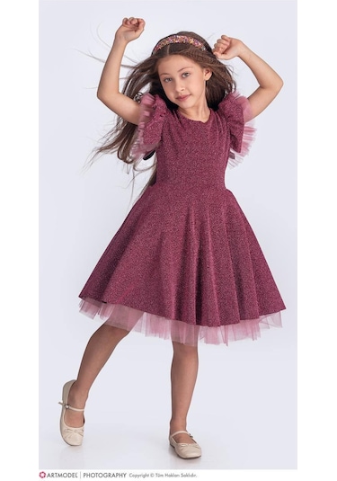 Kız Çocuk Özel Gün Simli Abiye Elbise 167372gk Gülkurusu