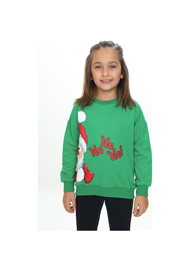 Toontoy Kız Çocuk Kardan Adam Ho Ho Ho Baskılı Sweatshirt Çimen Yeşili