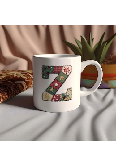 Z Harfi Yılbaşı Temalı Kupa Bardak - Yeni Yıl Konsept Yamalı Efekt Tasarım - Noel Hediye Beyaz