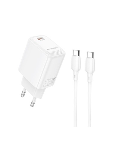 Borofone Bn28 Fuente Tek Portlu Pd30w Şarj Cihazı 1m Tip-c'den Tip-c Kabloya, Fiş Tipi: Ab Fiş Beyaz Beyaz