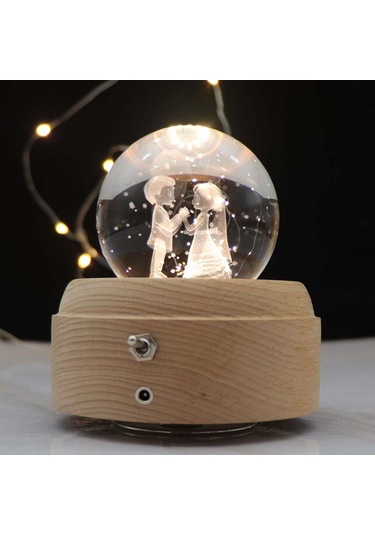 Sones Kız Yatak Başucu Lambası Kristal Top Ahşap Tabanlı Müzik Kutusu Şarjlı Parlayan Dönen Gece Lambası, Rastgele Müzik Gelin Ve Damat Diğer