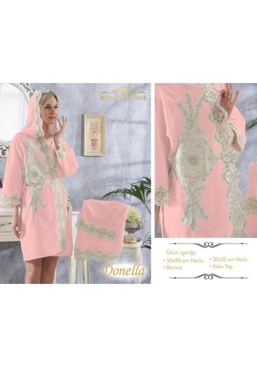 Donella Pudra Bayan Fransız Dantelli Balayı Çeyizlik Bornoz Seti Pudra