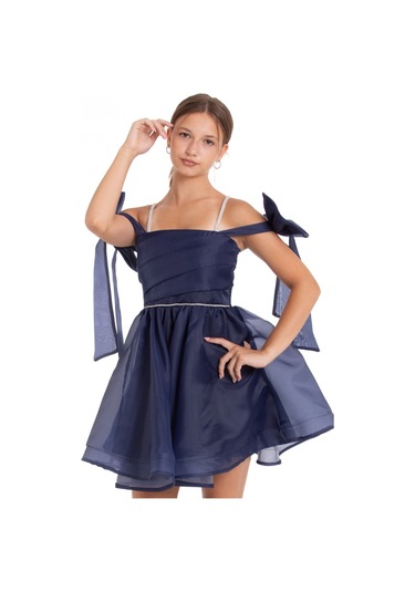 Kız Çocuk Omuz Fiyonklu Lacivert Mezuniyet Ve Özel Gün Saten Kısa Abiye Elbise Lacivert