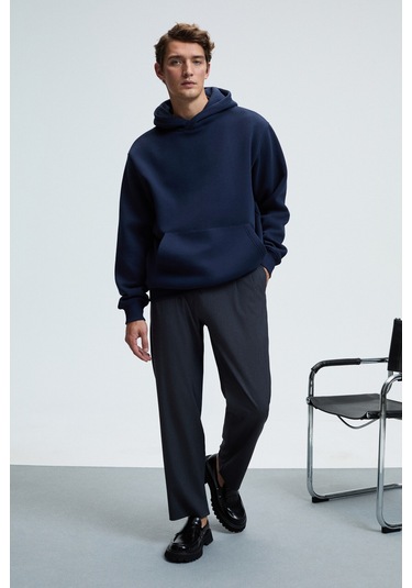 AMOS Erkek Yumuşak Kumaşlı 3 İplik Oversize Kapüşonlu Kanguru Cepli Lacivert Sweatshirt