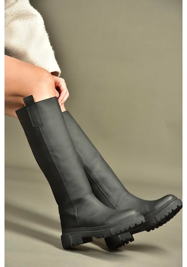 Fox Shoes V973555509 Siyah Düz Tabanlı Kadın Binici Çizmesi Siyah