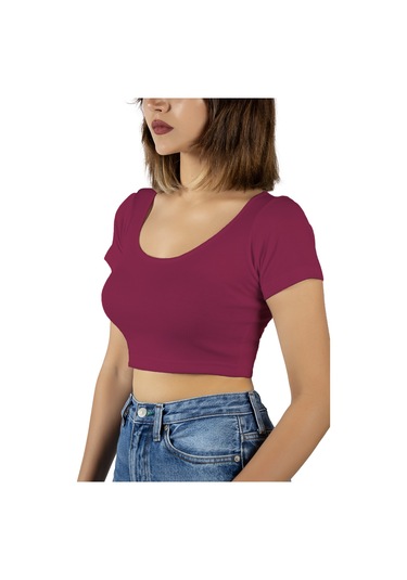 Fuşya Havuz Yaka Fitted/vücuda Oturan Kısa Kol Crop Tişört Fuşya