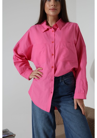 Yeni Sezon Poplin Kumaş Çift Cepli Oversize Pamuklu Kadın Tunik Gömlek Pembe