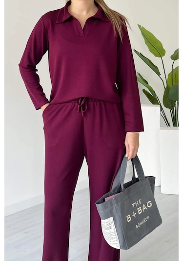 Balenbi Kadın Modal Kumaş Polo Yaka Uzun Kollu Takım 1126 Bordo