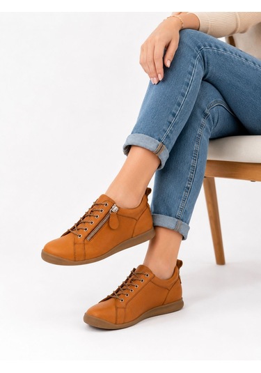Papucumun Dünyası Kadın Hakiki Deri Yan Fermuar Detaylı Casual Sneaker Taba