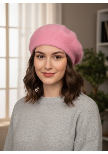 Derikem Fransız Tüylü Peluş Ressam Bere Kadın Şapka Pembe
