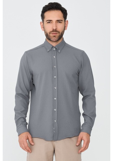 White Stone Gri Mikro Desenli Dynamic Fit Uzun Kollu Gömlek