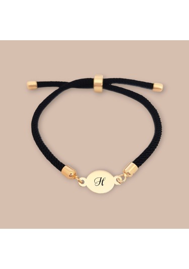 H Harfine Özel Oval Motifli İpek Örgülü 14 Ayar Altın Plakalı Hediye Bileklik-320harf-siyah Altın