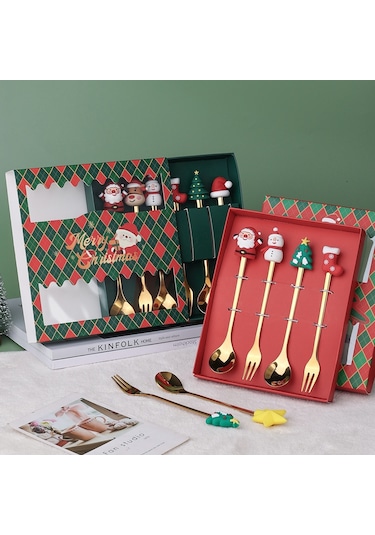 Sones 6 Adet / Paket Noel Karikatür Bebek Paslanmaz Çelik Sofra Takımı, Stil: D Gümüş Kaşık + Kırmızı Kutu