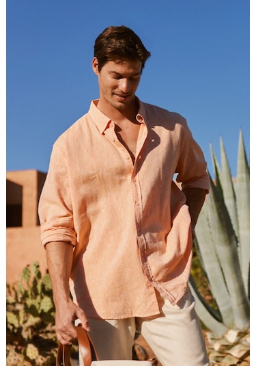 AC&Co / Altınyıldız Classics Erkek Turuncu Comfort Fit Rahat Kesim Düğmeli Yaka Keten Gömlek - Turuncu