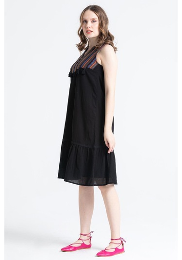 Kolsuz Şile Bezi Ilgaz Midi Boy Elbise Siyah Syh-siyah