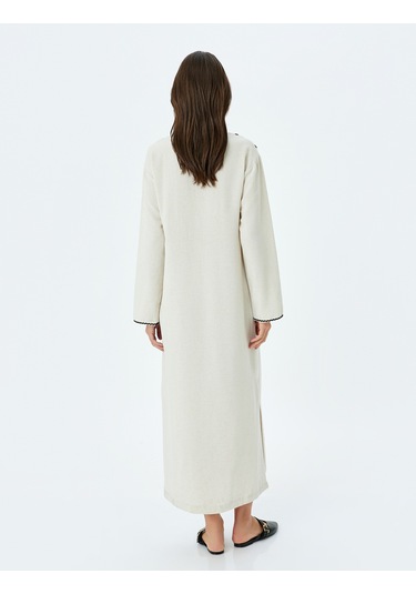 Koton Keten Karışımlı İşleme Detaylı V Yaka Oversize Uzun Elbise Bej 5sak80033uw Ekru