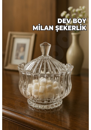 Milan Şekerlik - Dev Boy - Kristal Milan Şekerlik - Kalın Cam Kapaklı - Ağır Cam - Kaliteli Şeffaf Cam