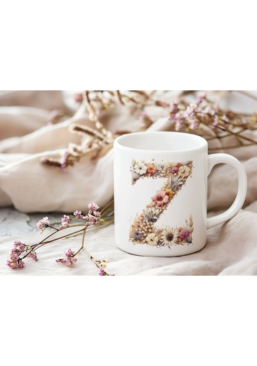 Z Harfi Çiçek Desenli Kupa Bardak - Alfabe Harfleri İle Doğal Çiçekli Kupa - Hediye Fikir Beyaz