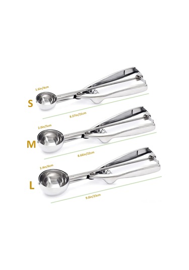 Honmex 3'lü Gıda Grade Paslanmaz Çelik Çıkartma Kolu İçe Kreması-kurabiye-meatball Toplama Kaşıkları Seti Gümüş