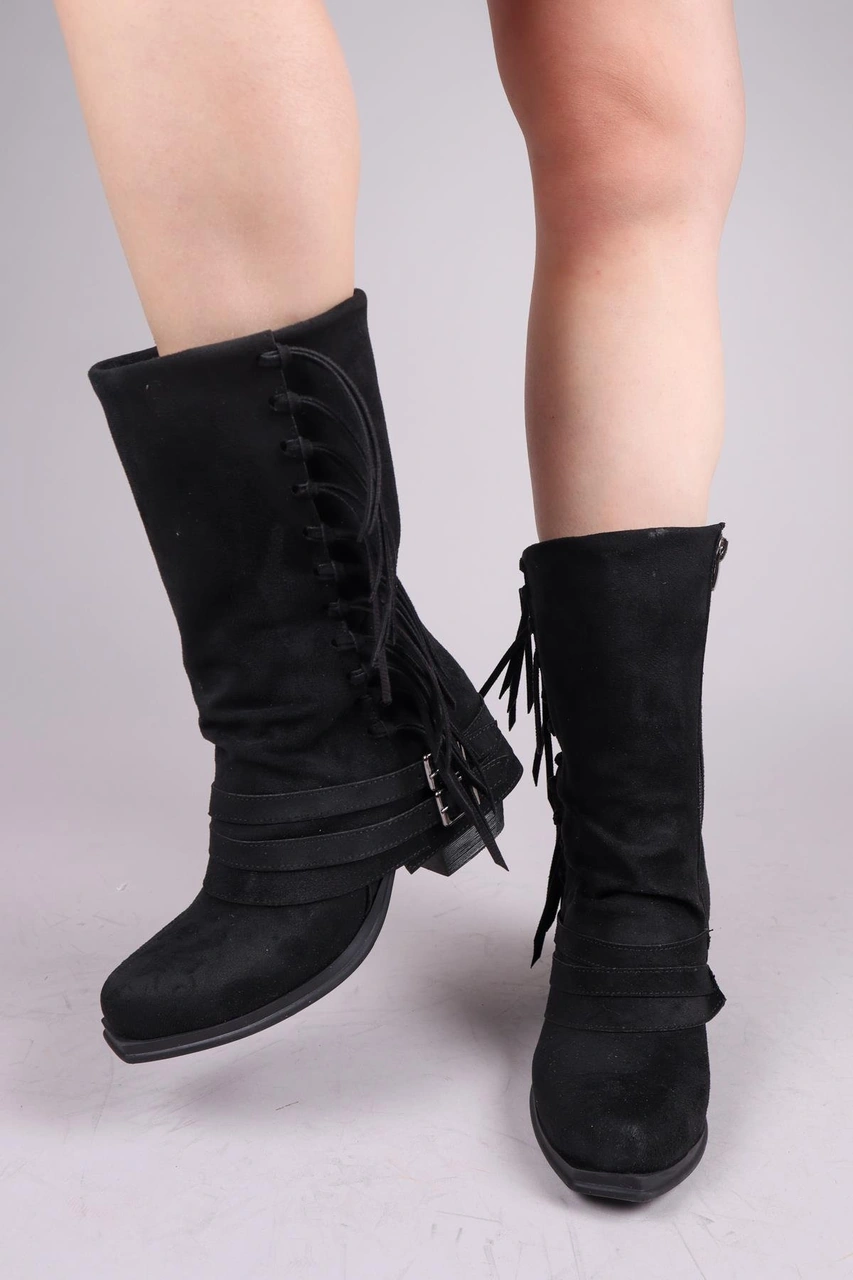 Vaquero Püsküllü Yarım Çizme Siyah-8379 Siyah